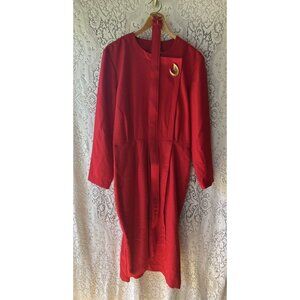 Petite Focus‎ Red Midi Dress Women's 16P 80s Pinup VTG Gold Tone/Bronze Pin Belt